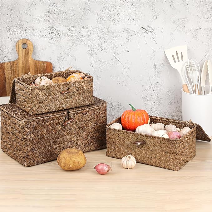 Sumnacon Small Wicker Basket with Lid Rectangle Woven Baskets for Toiletries Tampon Storage,Wicker Storage Basket with Lid,Decorative Seagrass Storage Baskets for Shelf Bathroom Toilet Table,Coffee