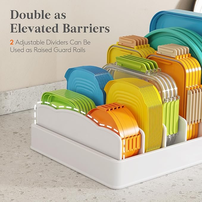 Lifewit Kitchen Cabinet Organizer for Food Contanier Lid, Large Lid Holder with 6 Adjustable Dividers & 7 Sections for Pantry Organizers and Storage, Home Drawer Organization, 13" x 10"