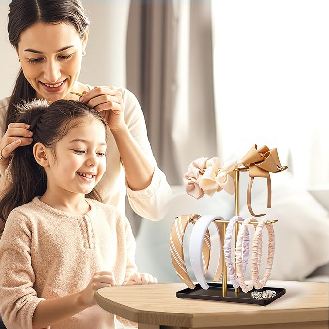 Headband Holder Organizer for Hair Accessories: Headband Storage Vanity Hair Clip Organizer, Two-Tier Stand with Storage Tray for Girls Women, Jewelry Necklace Rack for Vanity, Bathroom, Gold Black