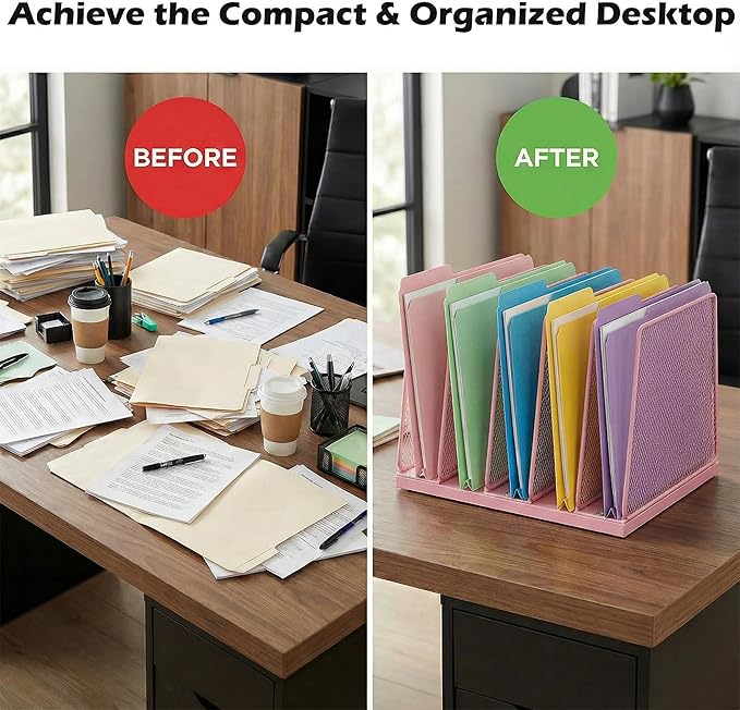 AUPSEN 5-Section Wooden Desktop File Organizer, File Sorter Storage Rack, Vertical File Holder for Office Supplies, Pink