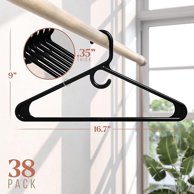 NEATERIZE Ultra Heavy Duty Plastic Clothes Hangers - Black - Durable Coat, Suit and Clothes Hanger. Perchas De Ropa (38 Pack - Black)