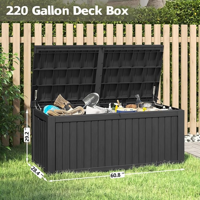 220 Gallon Outdoor Storage Box, Resin Deck Boxes Outdoor Waterproof For Patio Furniture, Garden Tools, Pool Supplies, Lockable And UV Resistant (Striped Black)