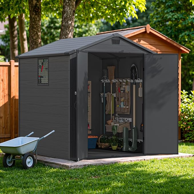 Devoko 6x6 FT Plastic Outdoor Storage Shed with Floor, Resin Garden Shed with Lockable Door and Window, Waterproof Outside Tool Storage Shed for Patio, Garden, Backyard, Dark Gray
