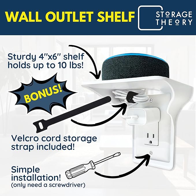 BeraTek Power Perch Wall Outlet Shelf with Cord Storage Strap - Declutter & Reclaim Counter Space - Top Uses: Charging Shelf, Echo Dot Stand, Apple HomePod Mini Wall Mount - White, 2-Pack