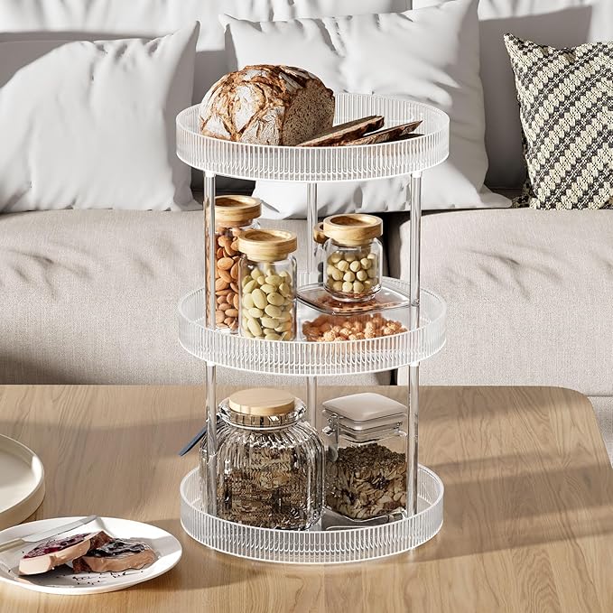 3 Tier Lazy Susan Bathroom Countertop Organizer, 360° Clear Rotating Makeup Cosmetic Perfume Storage Tray, Spinning Vanity Organizer Shelf for Bathroom Cabinet, Dresser, Kitchen(Large)