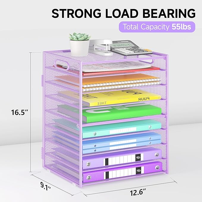 9 Tier Paper Organizer with Handle, 2 Pack Large Capacity Desk Organizer Mesh Paper Letter Tray File Folder Document Sorter for Classroom and Office Accessories Organization- Purple