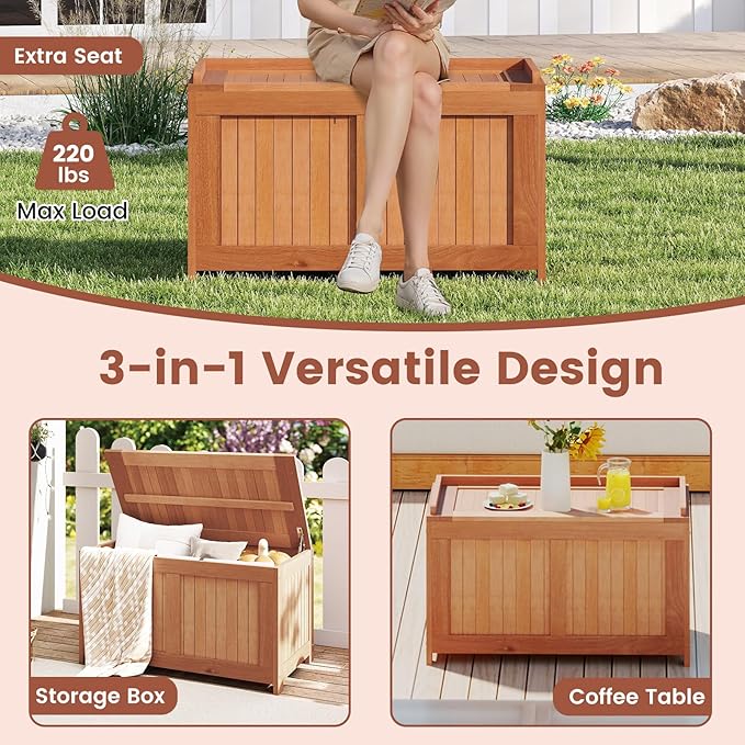 Tangkula 52 Gallon Wood Outdoor Storage Box, 3-in-1 Patio Storage Bench with Flip Top for Cushions, Pool Supplies, Gardening Tools, Outdoor Deck Box for Garden, Backyard, Poolside