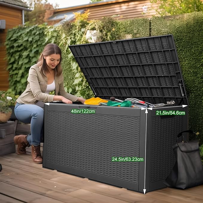 120 Gallon Outdoor Deck Box,Waterproof Resin Outdoor Storage Boxes, Outside Storage Lockable Container for Garden Tools,Indooor Cushions,Accessories (Black)