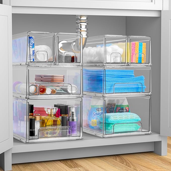 Sorbus Small Wide Clear Stackable Storage Drawers – 2-Pack Plastic Organizer Bins with Handles – Stackable Pull-Out Storage Drawers for Closet, Pantry, Office, Bathroom, Craft, and Toy Organization