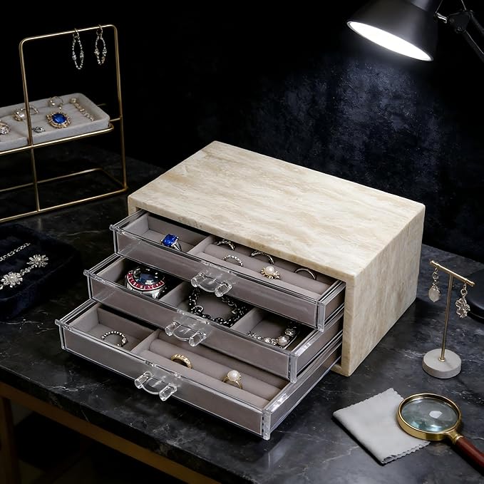 Natural Travertine Jewelry Box with 2 or 3 Drawer Organizers, Velvet Lined Storage for Rings and Necklaces (Small-3)