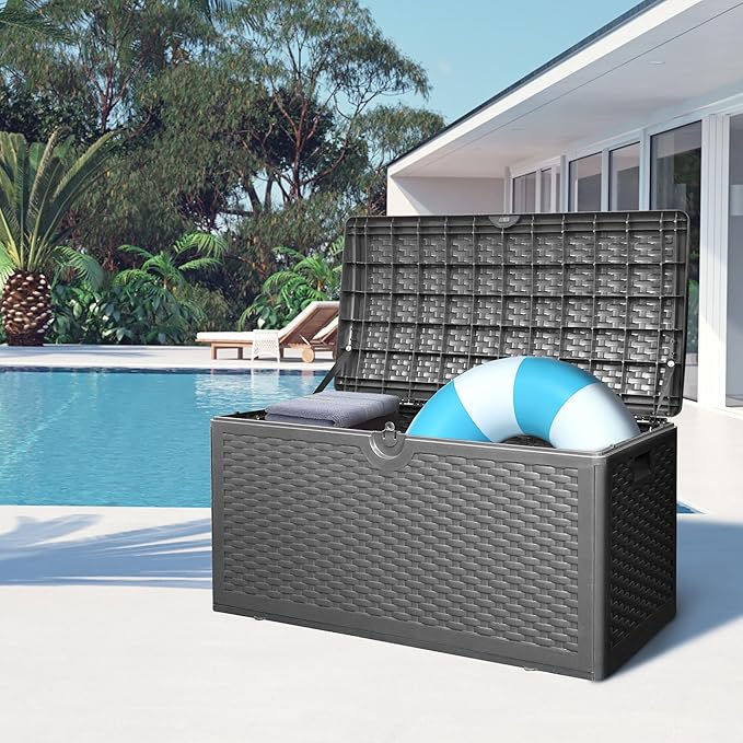 Outdoor Storage Box, 90 Gallon Lockable Resin Deck Box Waterproof, Patio Storage Bin for Furniture Cushion, Garden Tools and Pool Accessories, UV-Resistant Bench Cabinet for Outside, Black