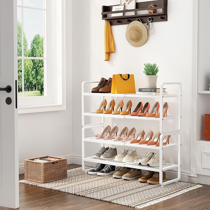 Shoe Rack - Expandable Shoe Organizer for Closet, Adjustable Metal Shoe Shelf Storage, Stackable Long Shoe Stand Holder for Garage, Entryway, Door Entrance (White, 4-Tier)
