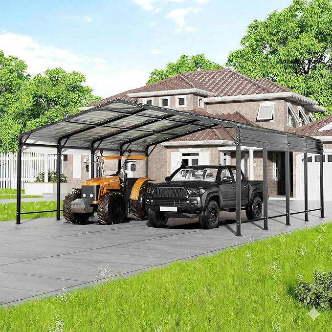 20x20 FT Metal Carport with Heavy Duty Carport Canopy, Car Port with Reinforced Base and Five Canopy Beams, Car Garage Shelter for Car, Boats and Truck