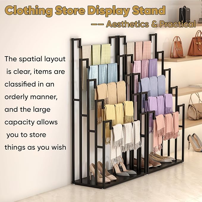 tonchean Freestanding Scarf Organizer, 5 Tier Metal Scarf Rack Hijab Hanger Scarf Storage Holder Ties Belt Pants Rack for Closet, Commercial Clothing Retail Store & Home (31.5X15.7X59.1In)