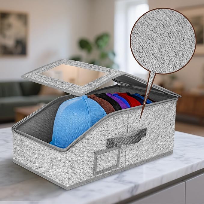 ‌Portable Hat Storage Box Organizer | Large Capacity Foldable Cap Holder with Clear Window | Space-Saving Closet Accessory for Baseball Caps, Beanies & Sun Hats‌ (4 Pack)