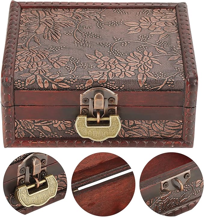 5-Inch Wooden Lock Box, Vintage Keepsake Box with Lock and Key, Small Locking Decorative Box for Jewelry Necklace, Earrings