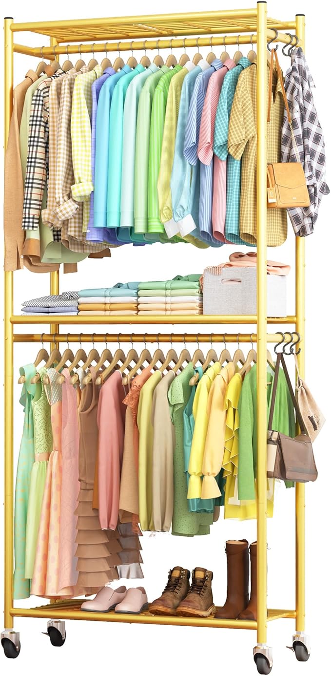 Clothes Rack - 33.0" x 12.2" x 79.5" Clothing Rack with Shelves & Wheels, Multi-Functional Wardrobe Closet with Hooks, Sturdy Metal Garment Rack for Bedroom, Laundry, Balcony (Gold)