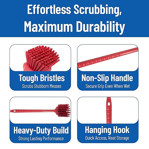 SPARTA 40501EC05 Plastic Large Scrub Brush, Kitchen Brush, Utility Brush With Long Handle For Cleaning, 20 Inches, Red