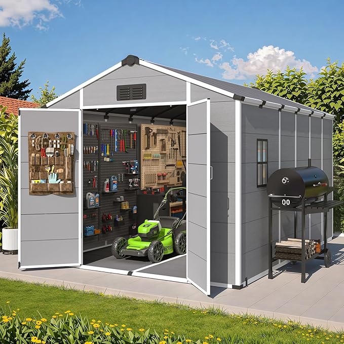 MELLCOM 8 x 12 FT Resin Outdoor Storage Shed with Floor, Outdoor Storage Tool Shed with Windows and Lockable Door, Resin Garden Shed for Garbage Can, Lawnmower, Bike