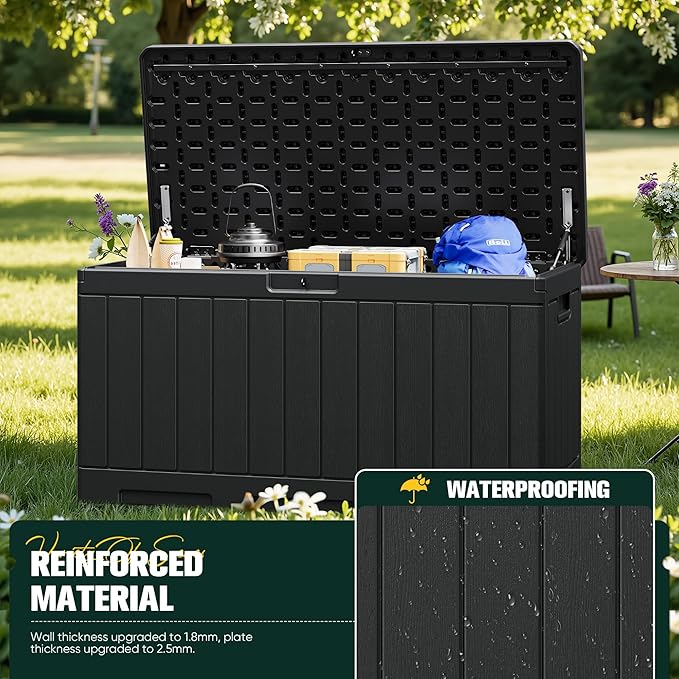 Greesum 90 Gallon HDPE Outdoor Storage Box - Waterproof, Large Capacity Deck Box for Patio, Yard, Garden Tools, Black