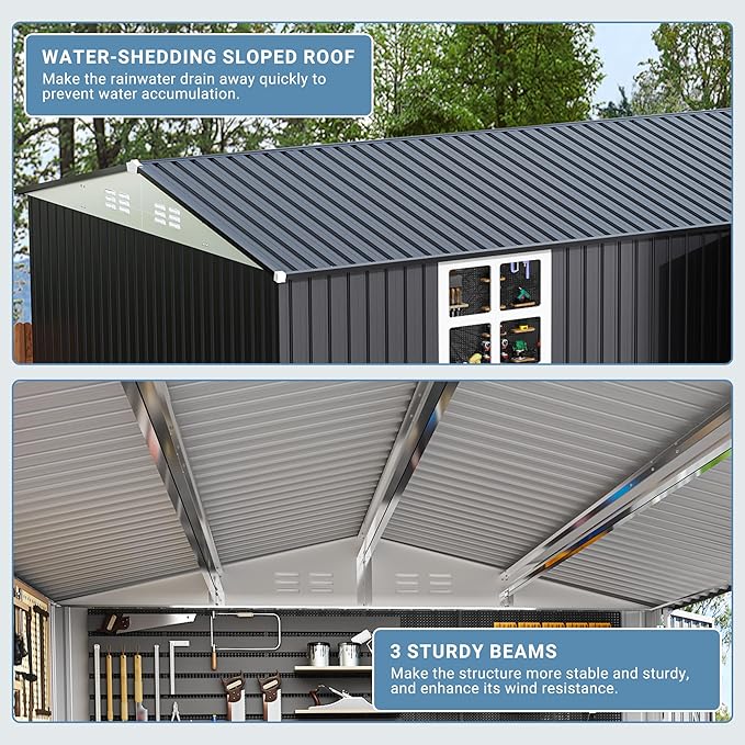 14x10 FT Outdoor Metal Storage Shed with Window, Heavy-Duty Galvanized Steel Tool Shed with Lockable Doors, Waterproof Garden Shed for Backyard, Patio, Lawn, Black
