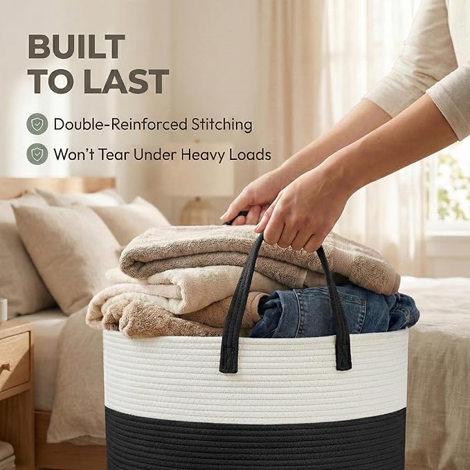 115L Extra Large Blanket Basket for Living Room - Woven Cotton Rope Laundry Hamper with Reinforced Handles - Storage Bin for Pillows, Comforters & Toys - Machine Washable,White&Black