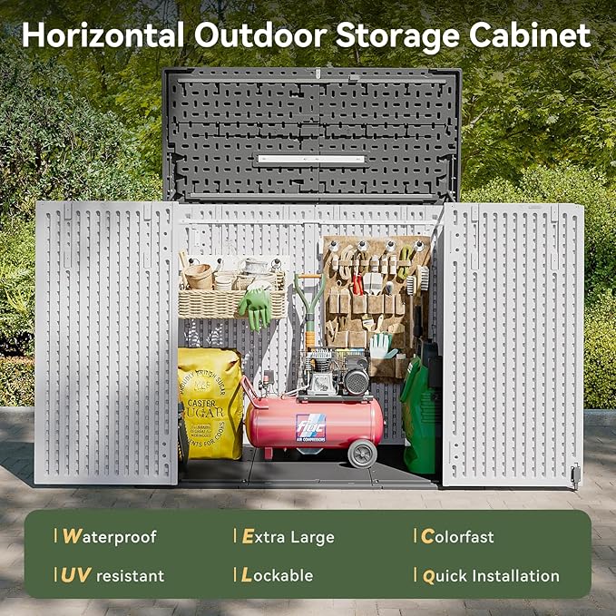 AOXUN Horizontal Storage Sheds 41 Cu.ft, HDPE Outdoor Storage Cabinet, Waterproof Lockable Resin Shed with Spring-Assisted Lid, Patio Storage for Garden, Pool, Cushions, Tools, White