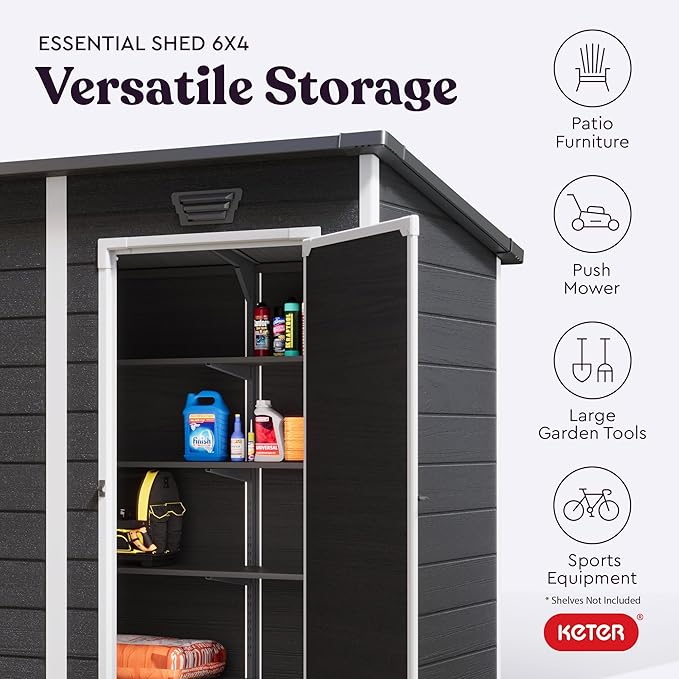 Keter Essential Shed 4x6 Resin Outdoor Storage Shed Ideal Storage for Patio Furniture, Garden Tools Bike Accessories, Beach Chairs and Lawn Mower, Black and White