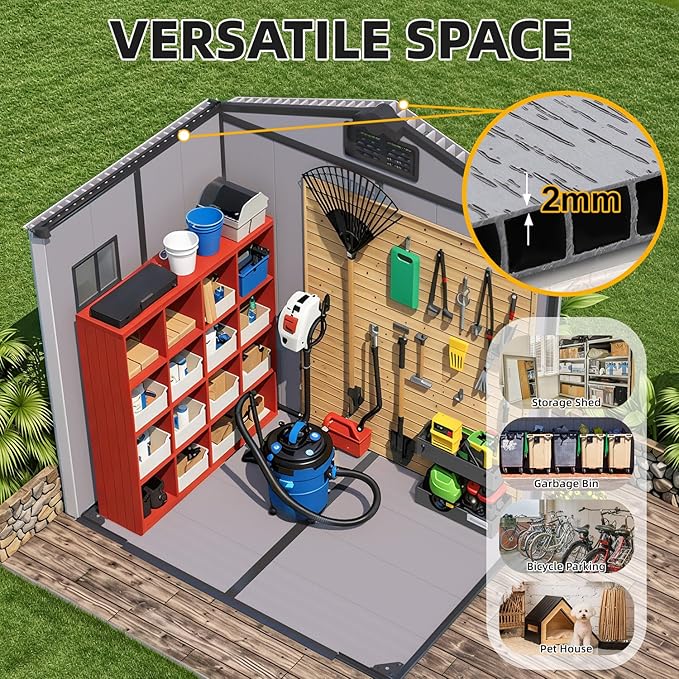 MELLCOM 6x4 FT Resin Outdoor Storage Shed with Floor, Outdoor Storage Tool Shed with Windows and Lockable Door, Resin Garden Shed for Bike, Garbage Can, Lawnmower
