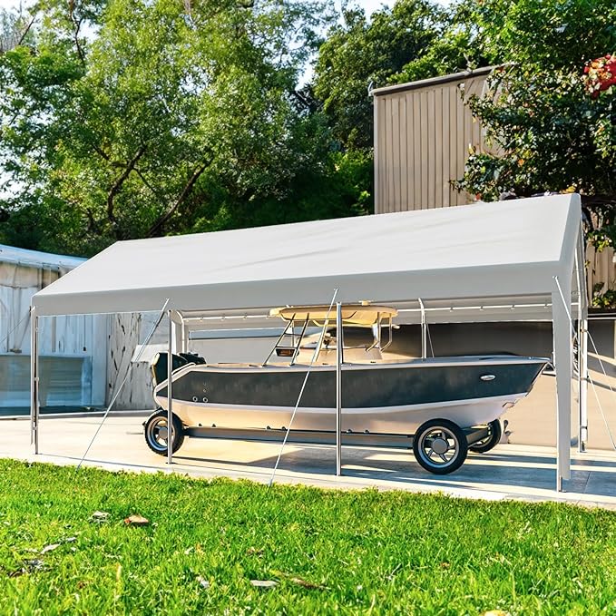 Carport 10x20 Ft Heavy Duty Canopy Steel Canopy Storage Shed,Portable Party Tent,Portable Garage with Removable Sidewalls & Doors All-Season Tarp for Carport Floor Fixing (White)