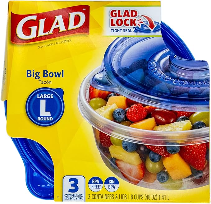 Glad GladWare Big Bowl Food Storage Containers, Large Round Bowl Holds 48 Ounces of Food - Glad Food Storage Containers for Everyday Use to Preserve Freshness, 3 Count - 6 Pack