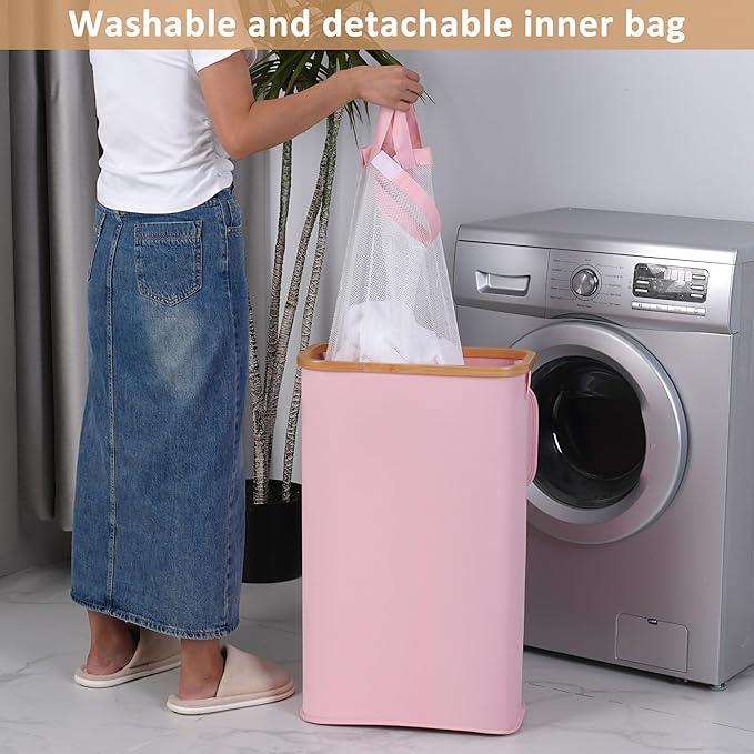 65L Slim Laundry Hamper, Narrow Laundry Basket with Lid,Foldable Clothes Hamper with Bamboo Handles,Hamper Basket with Removable Inner Bag for Laundry Room Bedroom College Dorm,17.17 Gals Pink