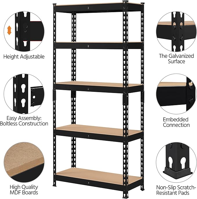 Topeakmart 5-Tier Utility Shelves, Metal Storage Shelves, Adjustable Shelving Units, Boltless Assembly, Garage Shelves Shed Shelving for Warehouse Garage Shed Basement- Black, 27.5 x 12x 60 Inch