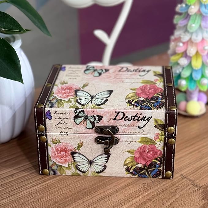 MIAO JIN Butterfly Jewelry Box Pink Storage Decorative Box for Jewelry Trinkets Photos Wood Treasure Chest Box for Women Girls Gifts Decorative Keepsake Box Home Decorations