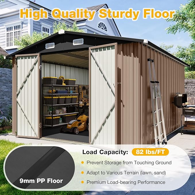 10x12 FT Outdoor Storage Shed with Floor & Lockable Double Doors, Heavy-Duty Galvanized Steel Outdoor Metal Shed for Bike, Tool, Generator Storage in Backyard, Patio (10’x12’, Floor)
