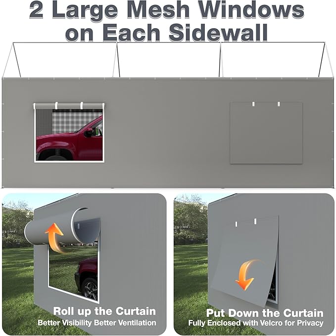 Carport Canopy Replacement Sidewall 20x6.6 FT Fits 10x20, 12x20, 20x20 FT Carport with Roll-up Windows, Waterproof & UV Protected, Easy Assembly with Ball Bungees, Grey (Sidewalls Only, 2 Pack)