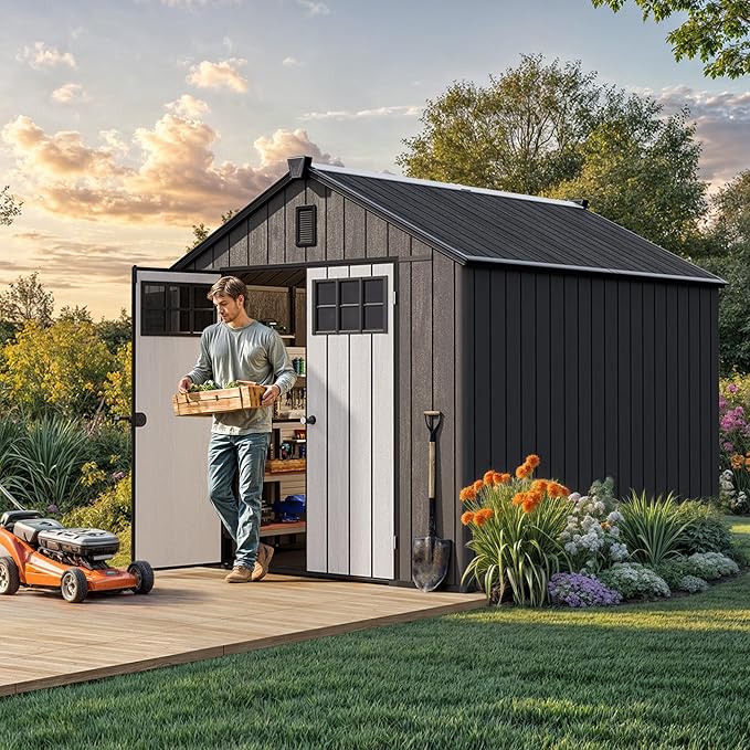 YITAHOME 8x10 FT Outdoor Storage Shed with Floor, Extra Thick Plastic Garden Shed for Bikes, Tools and Pool Supplies, Outdoor Resin Shed with Door Window Insert, Vents for Patio, Backyard, Black