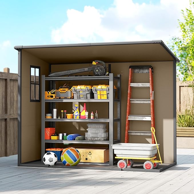 Outsunny 8' x 4' Outdoor Storage Shed, Waterproof Resin Plastic Shed with Floor, Window, Lockable Door and Vents, All-Weather Garden Tool Shed for Backyard, Patio, Lawn, Brown