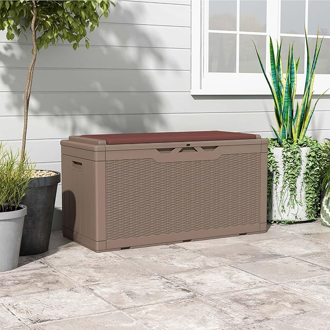 Patiowell 100 Gallon Resin Deck Box with cushion, Waterproof Large Outdoor Storage Box for Patio Furniture and Garden Tools, Dark Brown