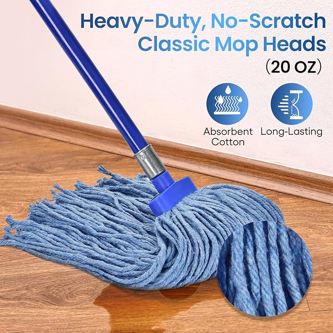 Matthew Cleaning Screw-on Heavy Duty Cotton Wet Mop Replacement Heads(Blue, Medium,6 Pack) with 2 Pack Microfiber Cloth for Residential & Commercial Floor Cleaning Use- Fit Standard American Screw