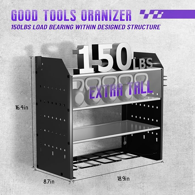 Power Tool Organizer Wall Mount, 4 Tier Tool Rack for power tool Storage,Garage Tool Organizer with Hooks for Men Gift,Black