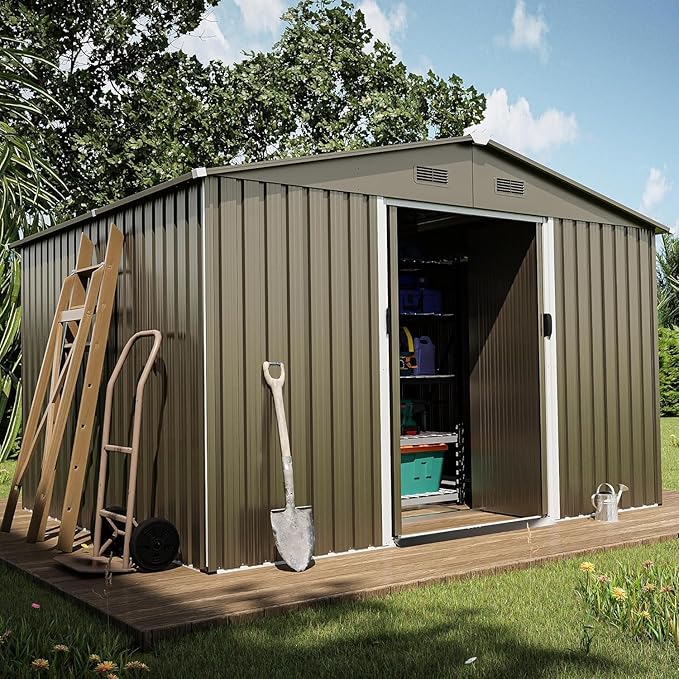 10 x 8 FT Outdoor Storage Shed with Frame Floor, Waterproof Lockable Door Metal Tool Shed with Sliding Door and Ventilation, Gardening Tool Storage Room, Metal Storage Shed for Gardens & Lawns