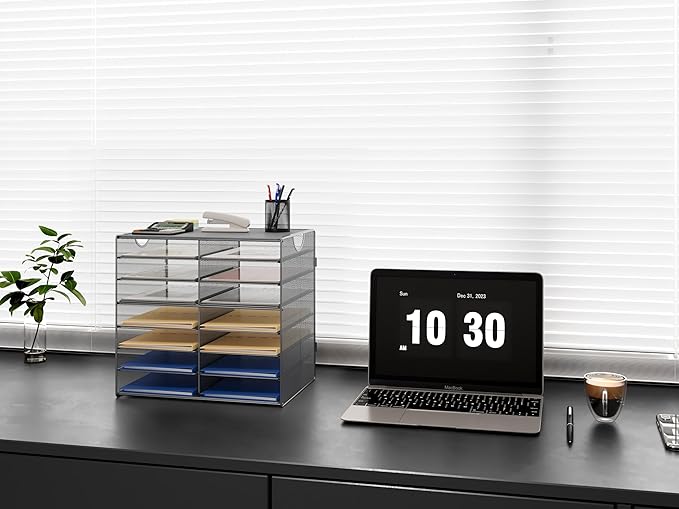 EasyPAG Paper Trays for Classroom 14 Tier Mesh Desk Organizer Shelves with Handle A4/Letter Size File Folder Organizer Shelf for Office, School, Home, Silver