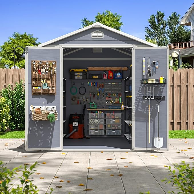 Aoxun 6x8 FT Outdoor Storage Shed, Plastic Garden Resin Shed with Floor and Window for Patio, Lawn, Outdoor Storage with Lockable Door for Bike, Garbage Can, Tools, Grey