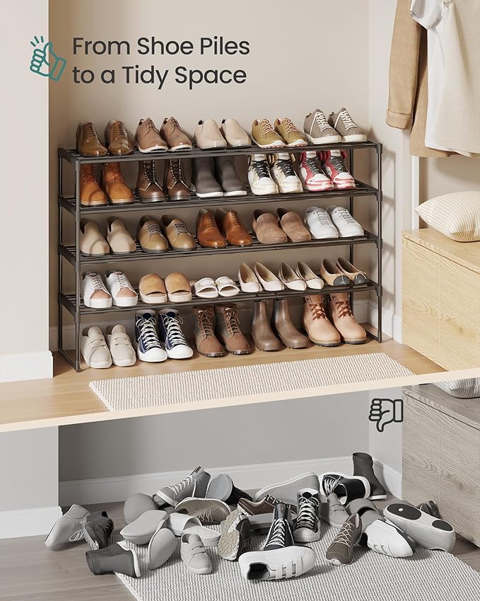 SONGMICS Shoe Rack, 4-Tier Shoe Organizer, Metal Storage Shelf, Upright or Upside Down, for 25-30 Pairs, Stackable, for Entryway, 11.8 x 46.1 x 29.5 Inches, Black ULSA034B01