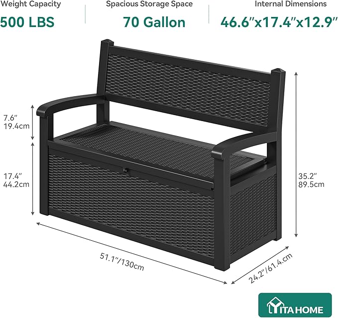 YITAHOME 70 Gallon Storage Bench Deck Box, Lockable Patio Bench, Waterproof Outdoor Pool Deck Storage for Patio Cushions, Garden Tools and Pool Supplies, Black