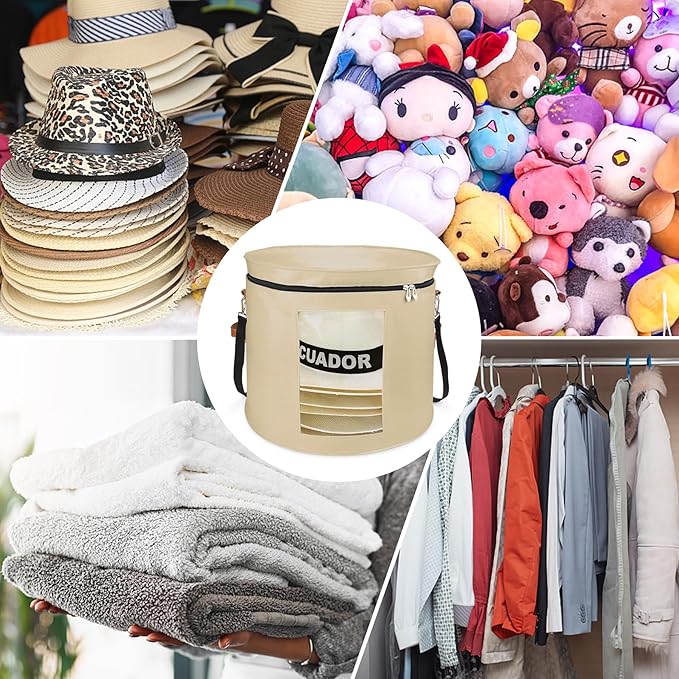 Large Hat Storage Box for Women & Men, 19" D x 17" H Oversized Hat Box Organizer，Foldable Round Travel Hat Boxes with Dustproof Lid, Stuffed Toy Storage Bin Bag (Milk Coffee)