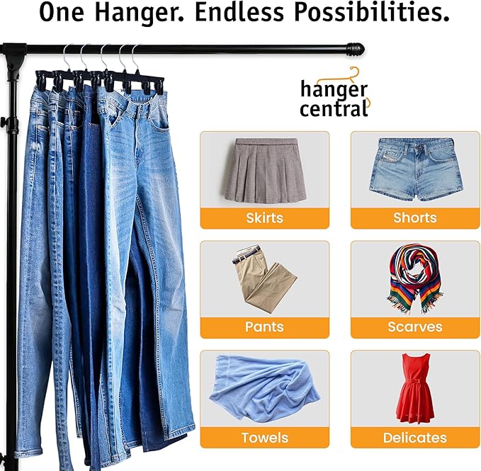 Hanger Central 30 Pack Pants Hangers – 12 Inch Slim Plastic Clothes Hangers with Clips for Skirts, Shorts & Trousers – Non Slip Grip, Heavy Duty Space Saver with Swivel Hook – Black Closet Organizer