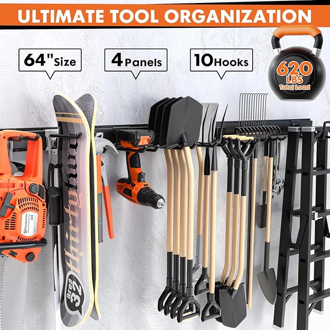 64'' Garage Tool Organizer Wall Mount, 620lbs Heavy Duty Metal Storage Rack | Adjustable Hooks Garden Tool Organization System | Anti-Rust Shed Rack for Hanging Shovel, Rake, Broom, Snowboard