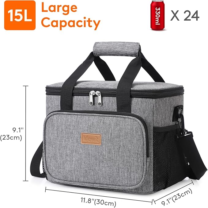 Lifewit Large Lunch Bag Insulated Lunch Box Soft Cooler Cooling Tote for Adult Men Women, Gray 24-Can (15L)